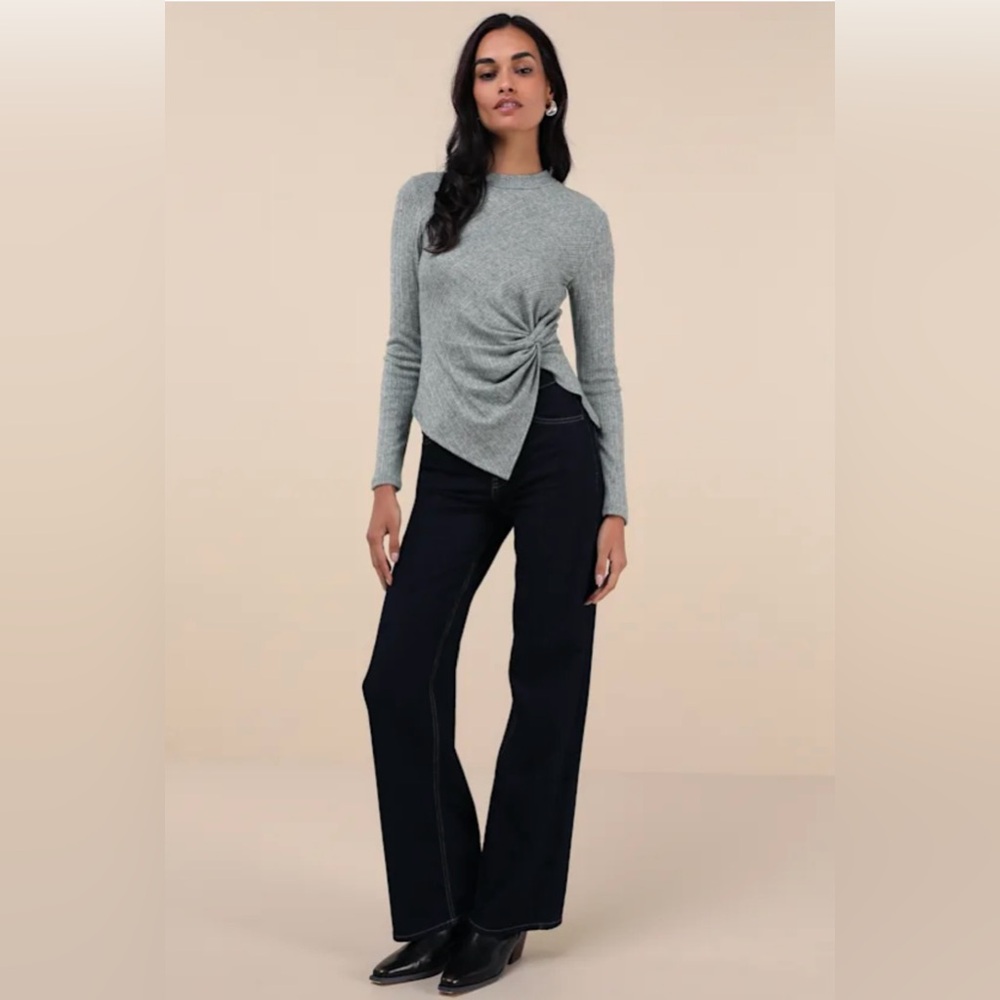 New Lulus trendy minimalist heather olive ribbed knotted long sleeve top size L